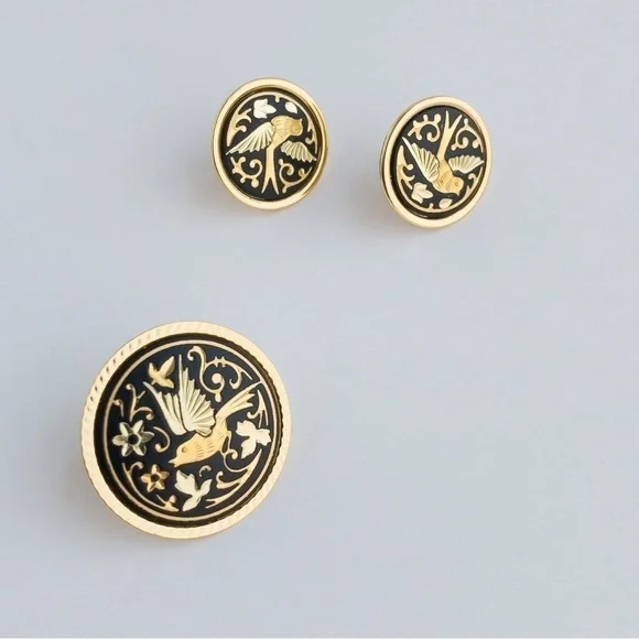 Vintage Damascene Medallion Jewelry Set IA Midas Toledo Spain Gold Tone & Enamel - Picture 9 of 15